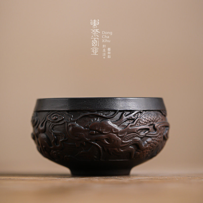 紫陶茶杯陶瓷半手工浮雕龙罗汉小杯功夫茶具主人杯非紫砂品茗杯子
