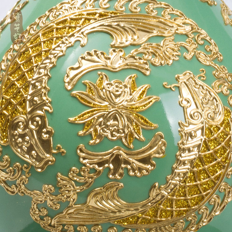 年年有余玉壶春淡绿瓶 金箔漆线雕工艺品摆件创意博古架装饰品