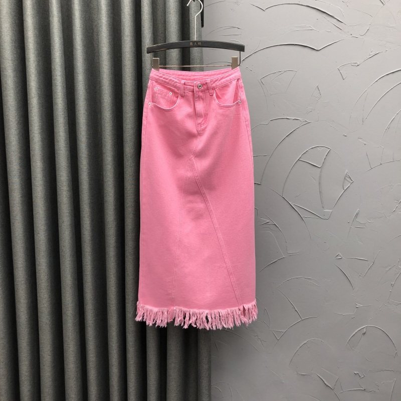 粉色高腰中长牛仔裙女秋冬时尚下摆流苏开叉洋气直筒一步包臀裙子