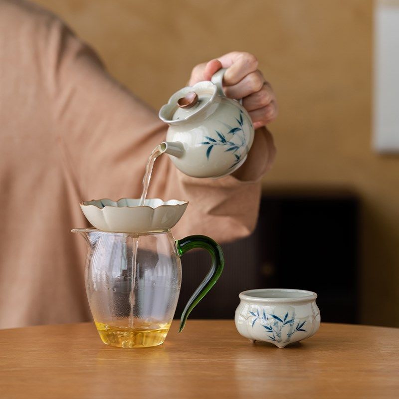 草木灰手绘竹子过滤孔茶漏套装公道杯一体茶滤高档功夫茶具陶瓷