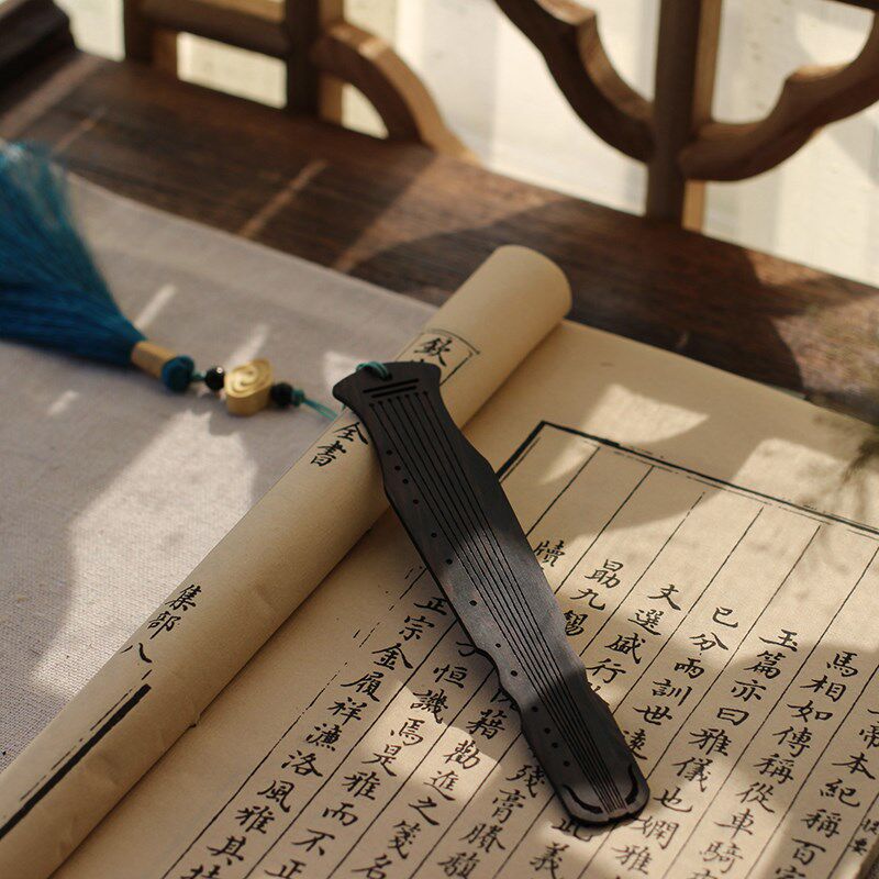 一张琴 东方美学中式文化诗意礼物国风流苏黑檀木古琴书签 刻字