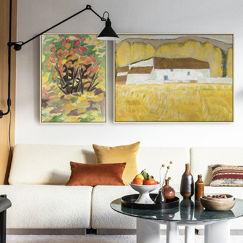 布纸有爱 法式客厅装饰画复古黄色沙发背景墙挂画田园风景双联画