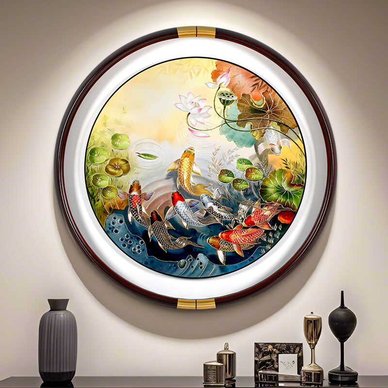 铜雕装饰挂画新中式手工錾刻连年有余高端大气圆形餐厅荷花九鱼图