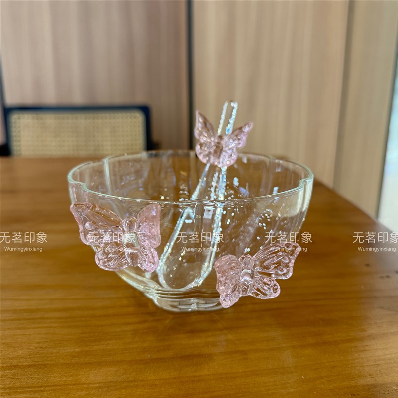 蝴蝶玻璃碗高硼硅耐热家用饭碗汤碗泡面沙拉碗甜品碗玻璃茶碗茶器