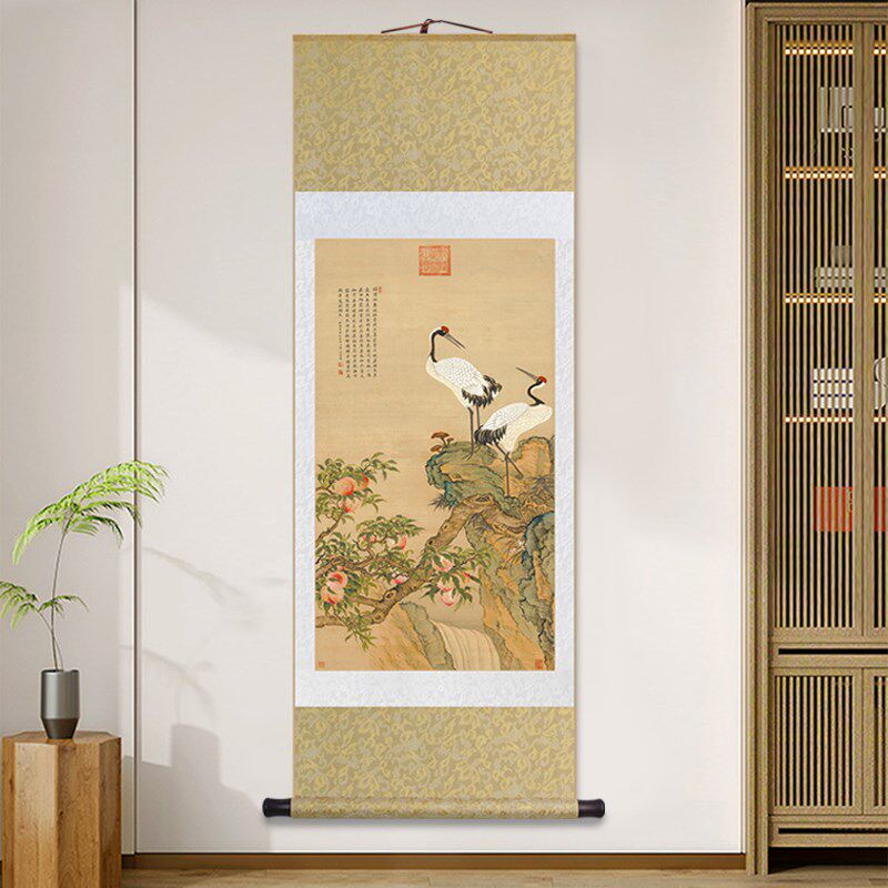 邹一桂蟠桃双鹤图中式客厅玄关装饰画仙鹤卷轴挂画办公室茶室壁画