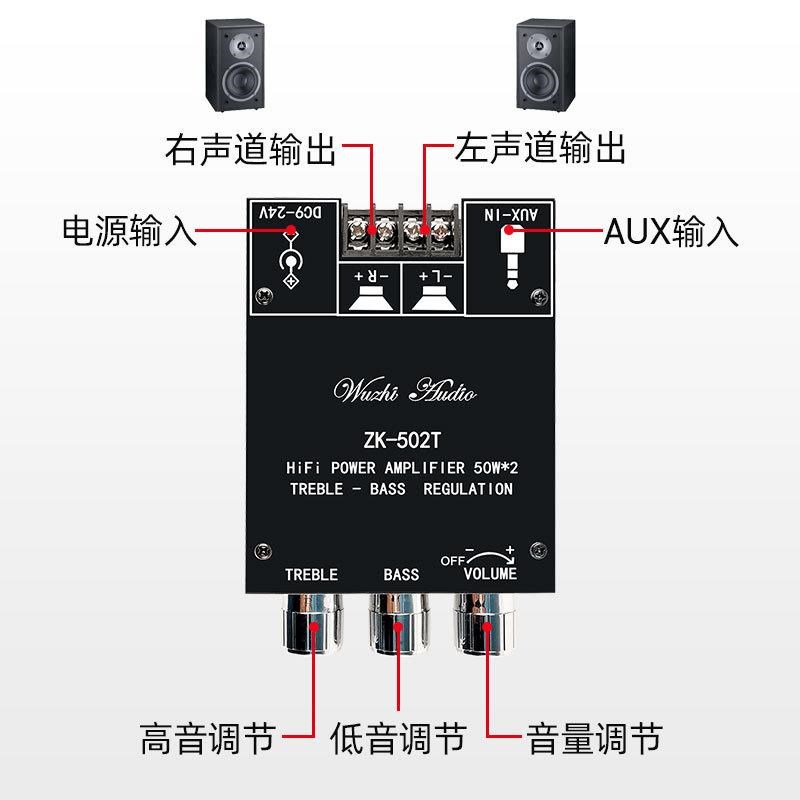 ZK-502T 50W*2高低音调节前级音频功放板模块低音炮双声道立体声