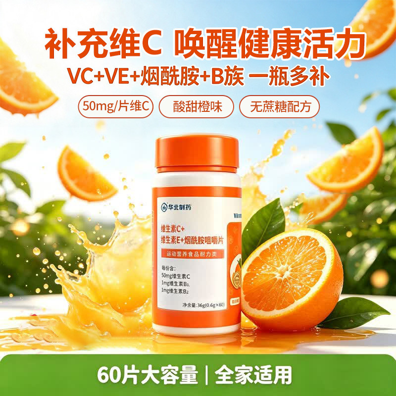 【华北制药】维生素C＋维生素E＋烟酰胺咀嚼片香橙味官方正品