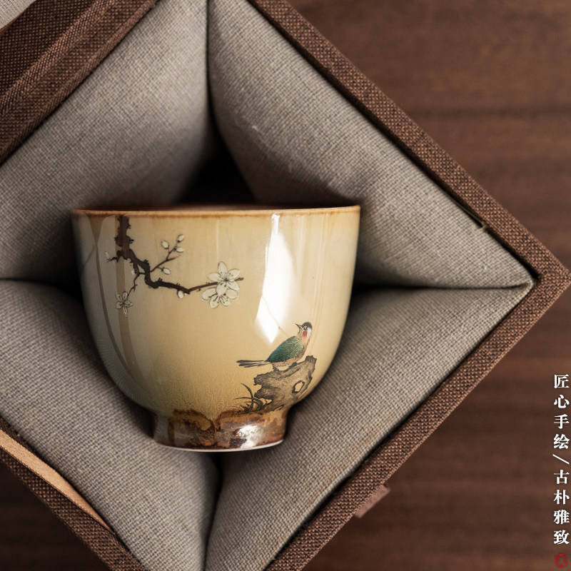 圣山仿古窑变花鸟茶杯陶瓷主人杯品茗杯景德镇功夫茶具茶杯单杯