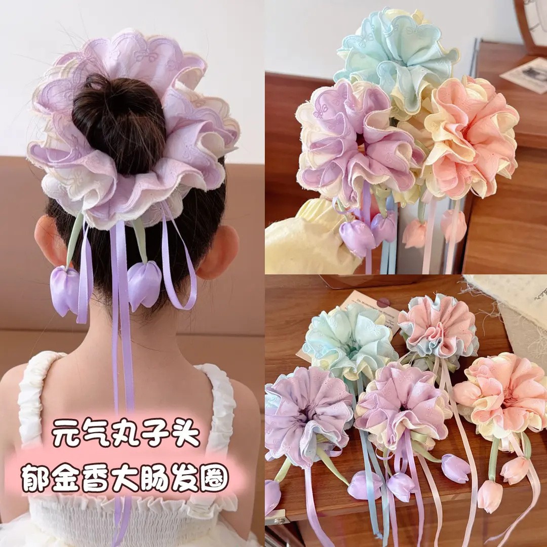 儿童可爱郁金香花朵飘带大肠发圈女童扎马尾丸子头发绳女童发饰