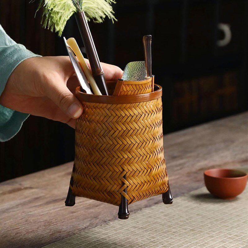 竹编大漆笔筒手工六君子茶筒 复古收纳筒 茶则茶针茶夹茶道零配件