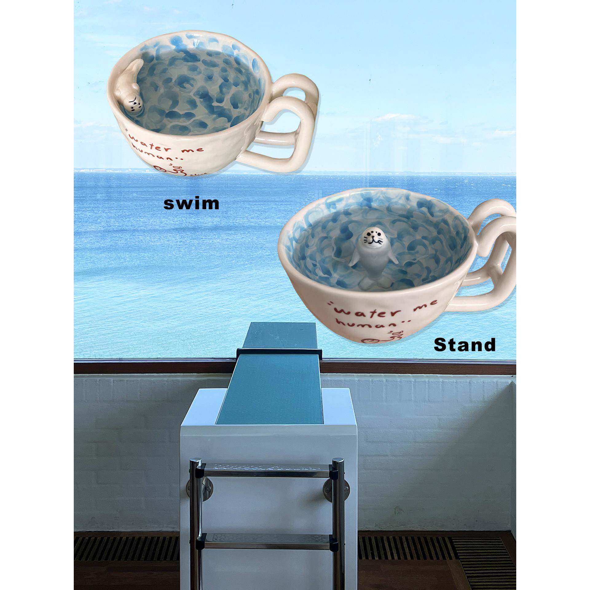 慧谷湖 click泳池游泳的海豹 马克杯早餐牛奶咖啡水杯广口陶瓷创