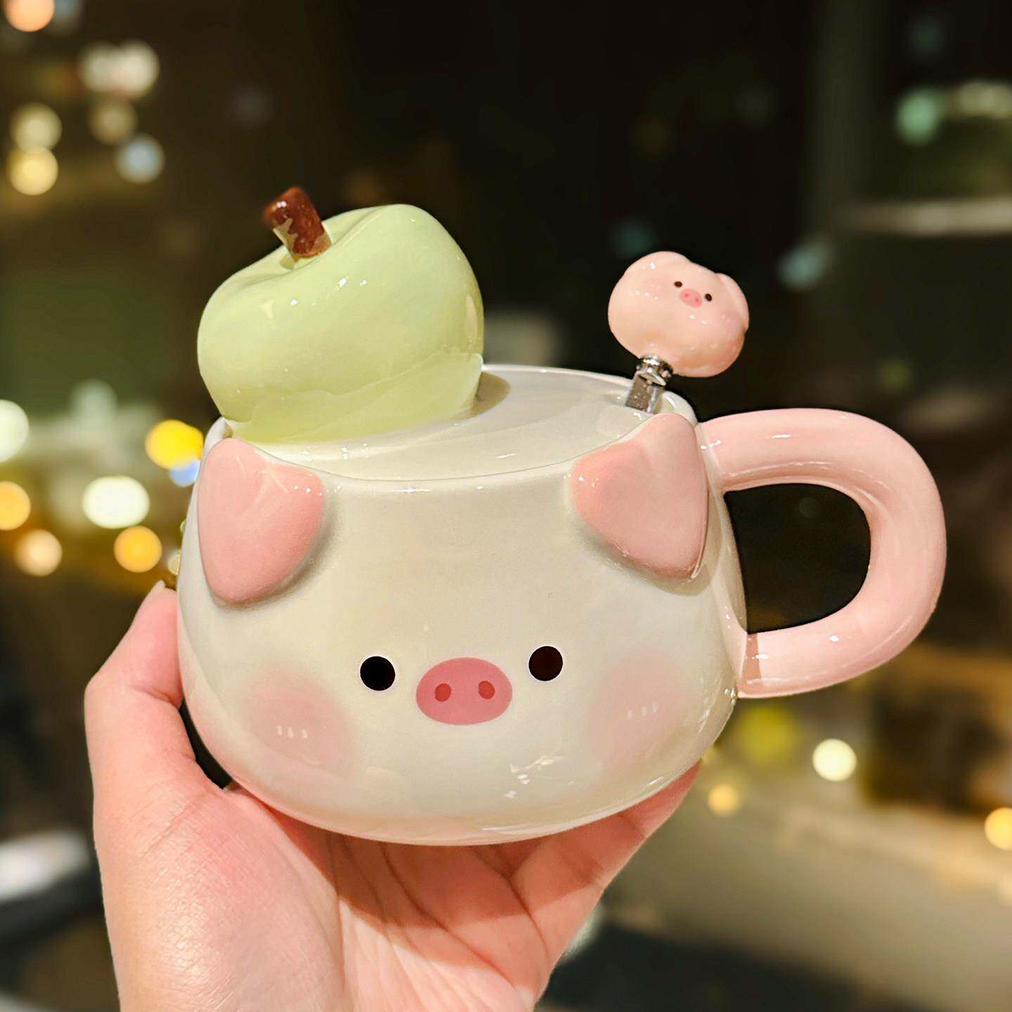 慧谷湖 可爱苹果小猪造型马克杯带盖子陶瓷水杯治愈系创意生日礼