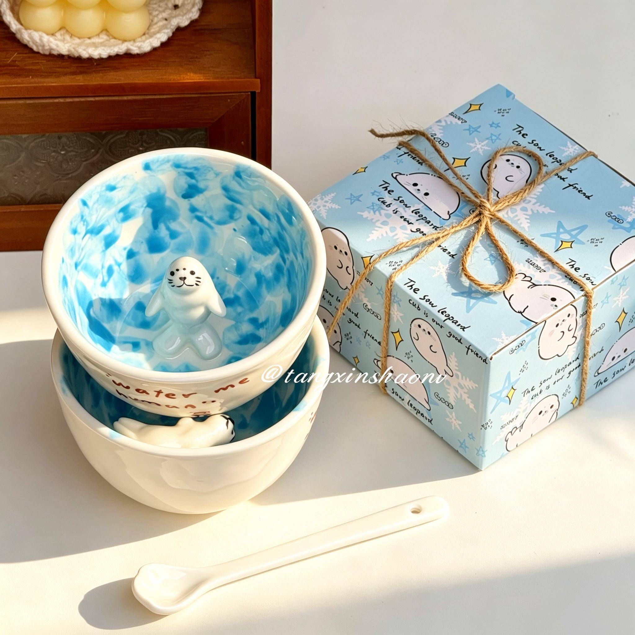 慧谷湖 可爱海豹造型陶瓷咖啡杯蓝白海滩风景釉下彩创意水杯送朋
