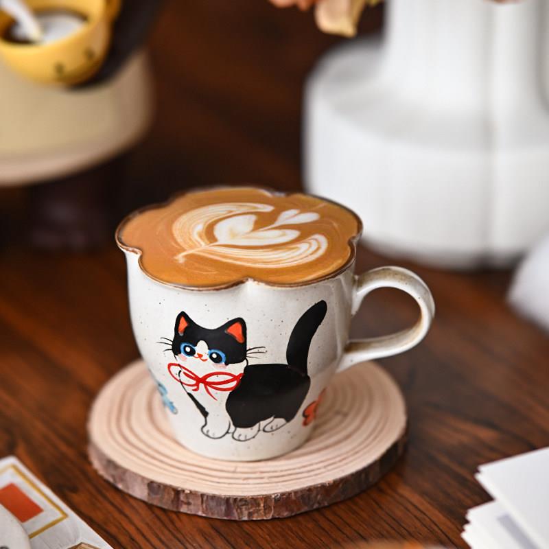 慧谷湖 西文乐鉴日本手工陶瓷咖啡杯可爱的猫拉花艺术杯定制礼品