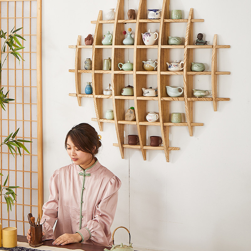 实木茶壶茶具博古架收纳摆放茶杯茶叶收纳架子多宝阁挂墙圆型格架