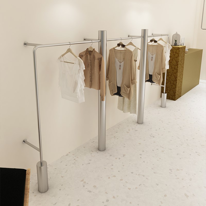 新款服装店展示架不锈钢上墙挂衣架银色女装店陈列架简约侧挂货架