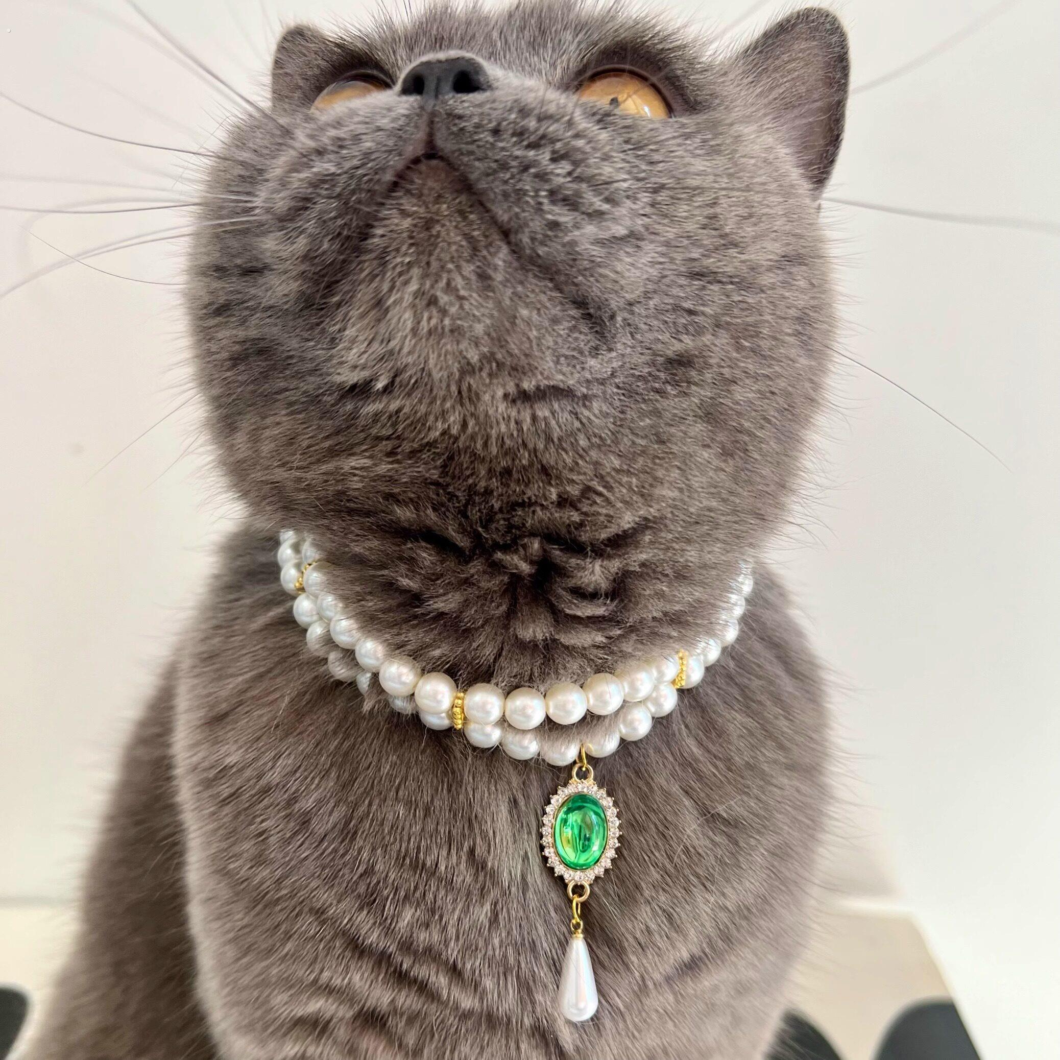 双层蛋白宝石珍珠项链猫首饰 宠物项圈