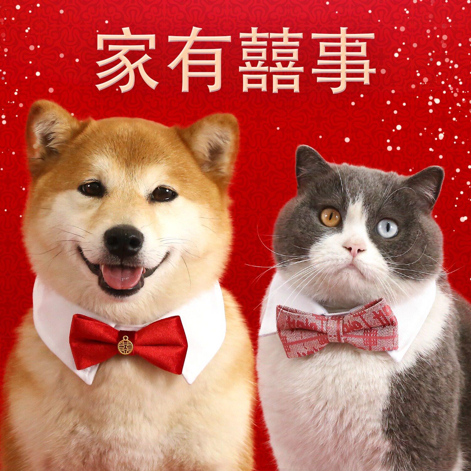 宠物中式喜字领结围领福字婚礼喜庆春节蝴蝶结项圈围脖柴犬狗猫咪