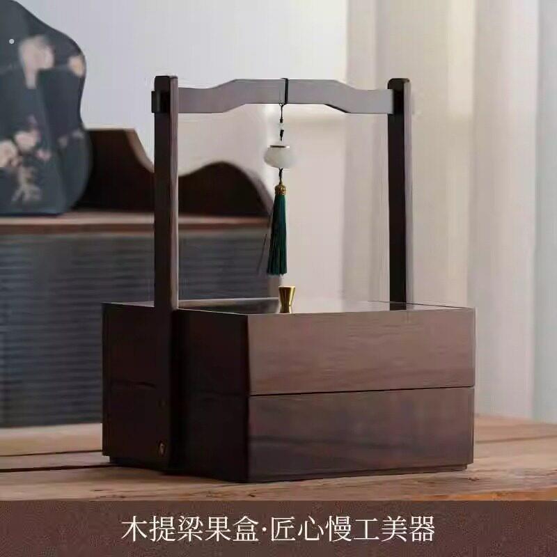 新中式糕点盒复古分格干果盘茶点盘木制仿宋提梁点心提篮围炉煮茶