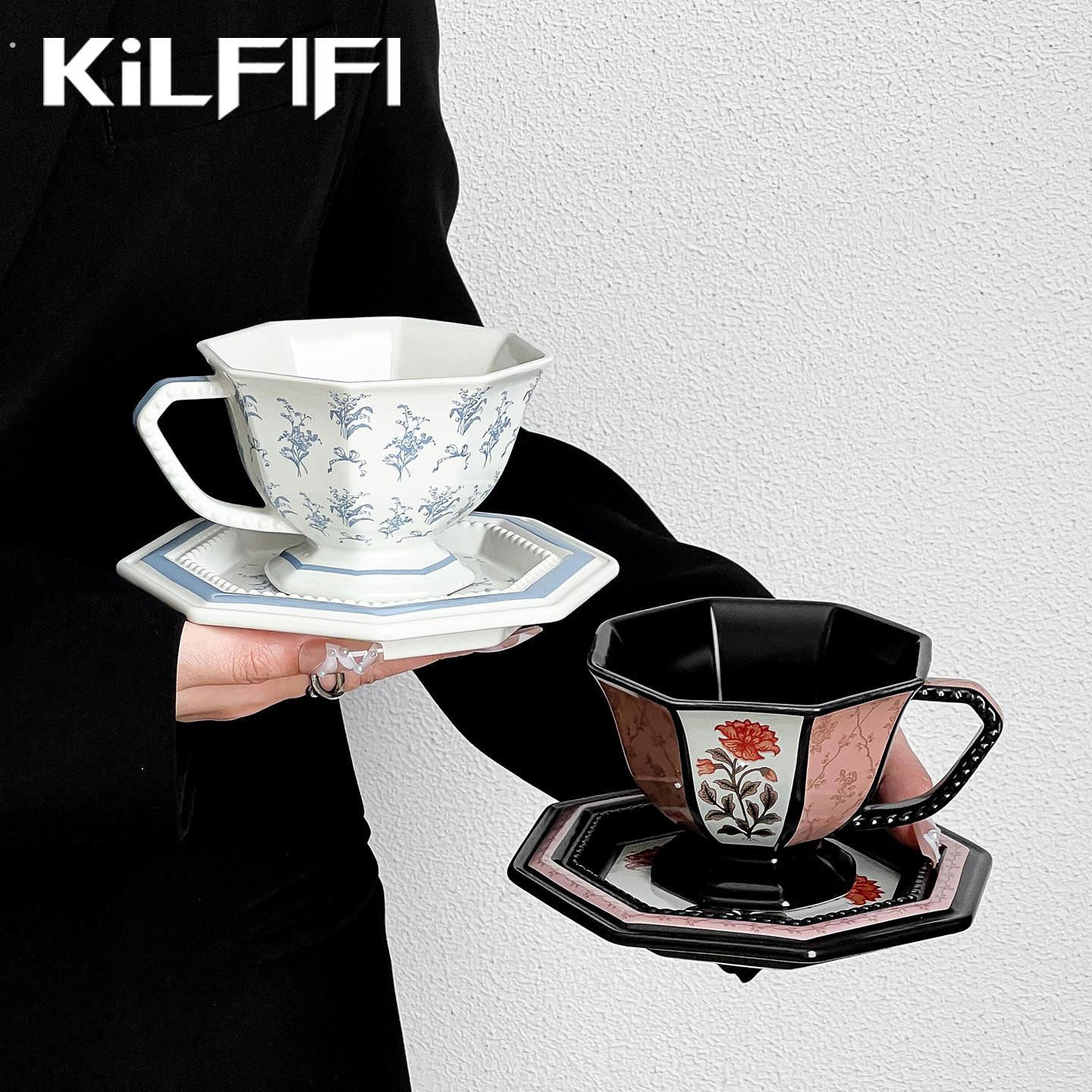 中古风八角咖啡杯碟高端轻奢高颜值下午茶杯碟套装陶瓷复古拿铁杯