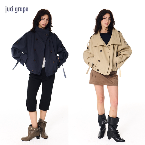 jucigrape新款纯色莱赛尔棉长袖短款双排扣收腰翻领风衣短外套女