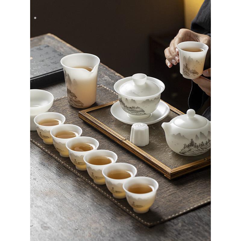 陶瓷璞玉素烧西施壶盖碗羊脂玉瓷茶具套装白瓷纯手工手绘山水工厂