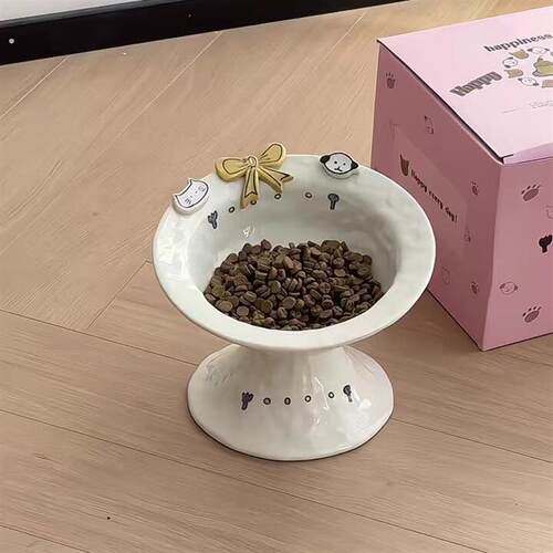 高颜值宠物碗可爱蝴蝶结小狗高脚护颈陶瓷碗创意手作防打翻喂食碗