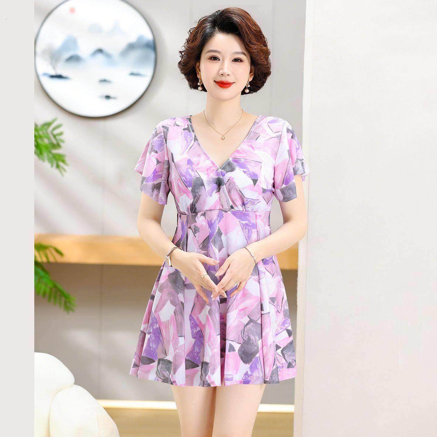 妈妈泳衣女士保守遮肚显瘦中老年连体平角大码中高腰泡温泉游泳衣