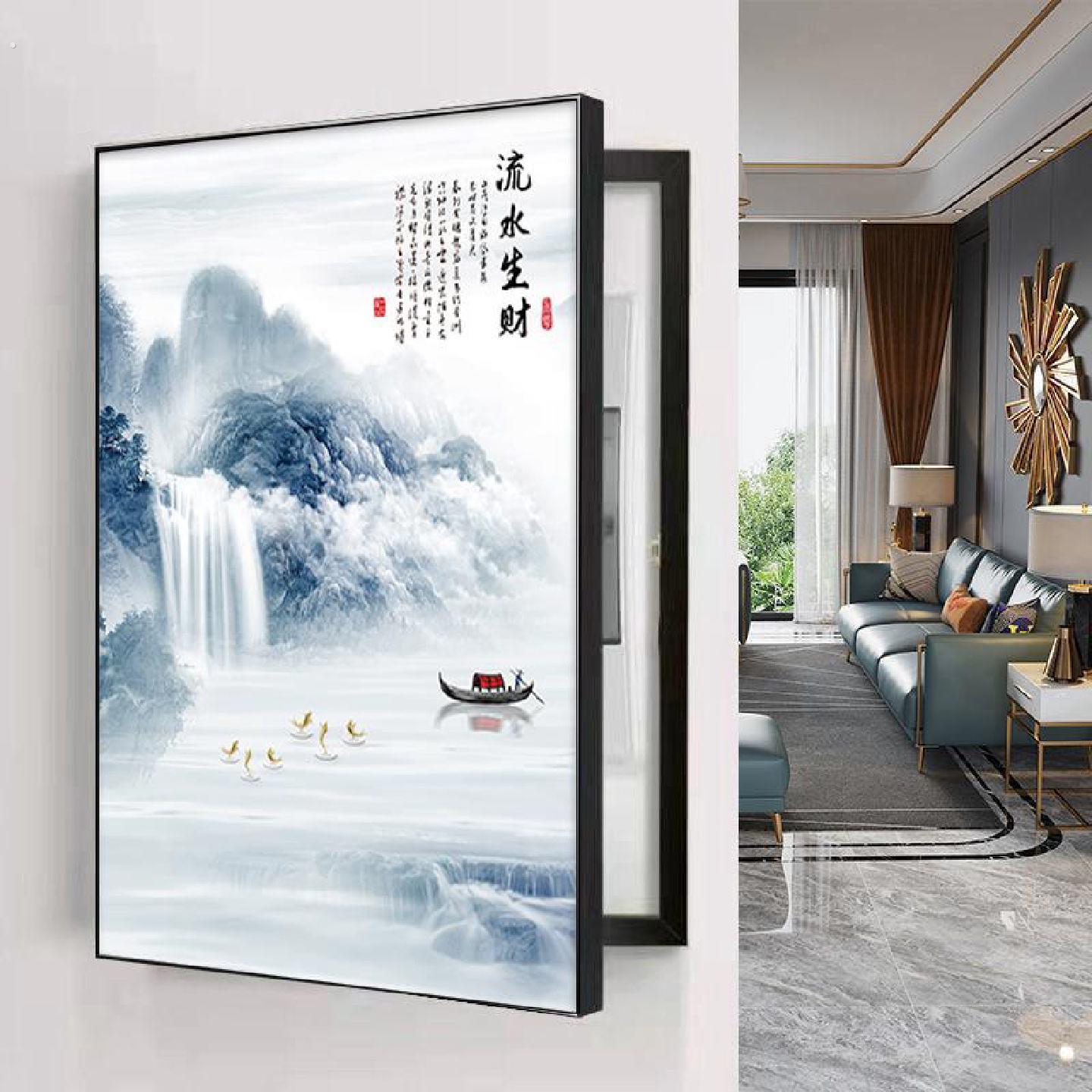 新中式电表箱装饰画免打孔竖款遮挡配电箱配电箱挂画总开关盒壁画