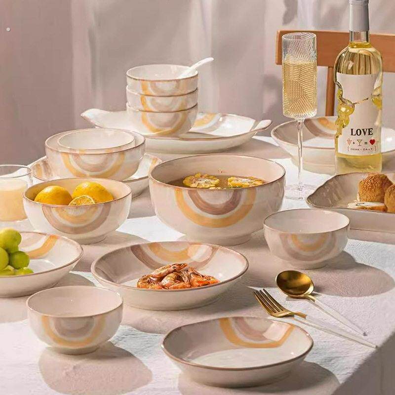 釉下彩米饭碗复古陶瓷餐具套组碗家用新款碗盘组合高颜值碗碟套装