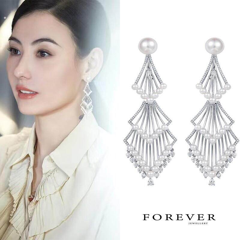 明星同款仿珍珠耳环微镶锆石流苏长耳坠高级感新娘宴会婚礼耳饰品