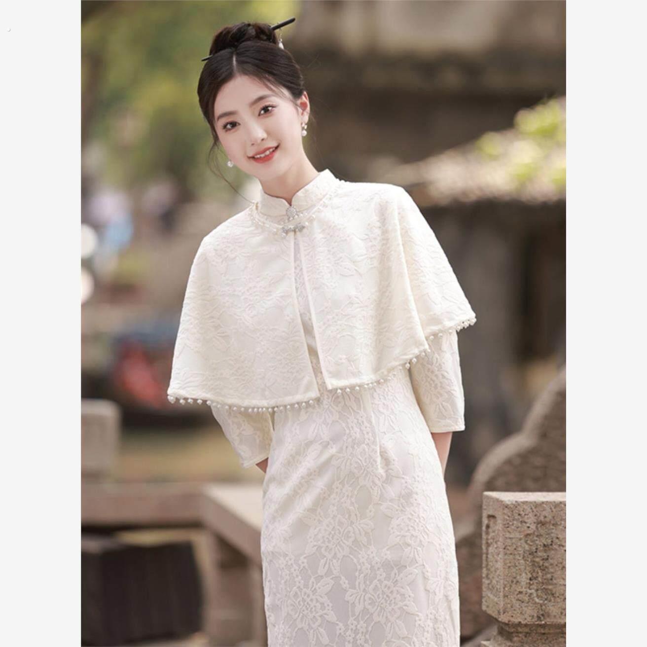 司藤法式改良旗袍新款2025新款春装年轻款女复古中长袖披肩两件套