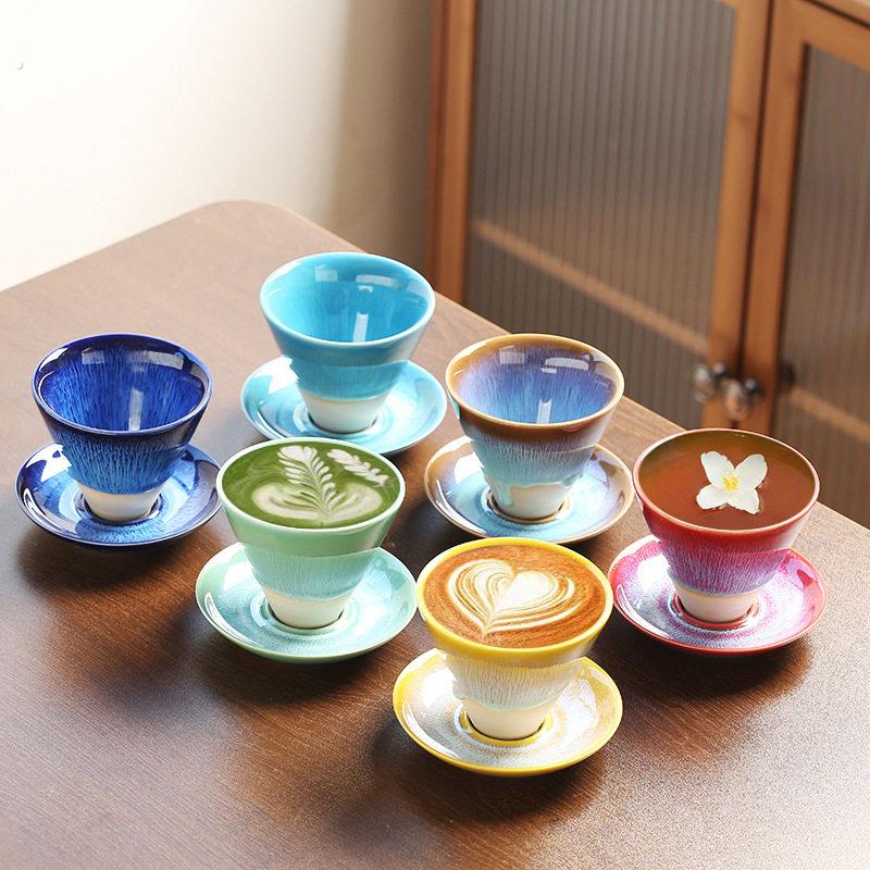咖啡杯商用高档中式杯碟套装创意窑变拉丝釉餐厅茶杯甜点杯马克杯