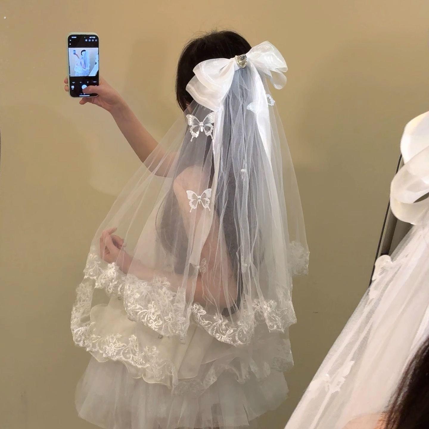 领证登记蝴蝶结小头纱高级气质新娘结婚头饰影楼写真发饰拍照道具