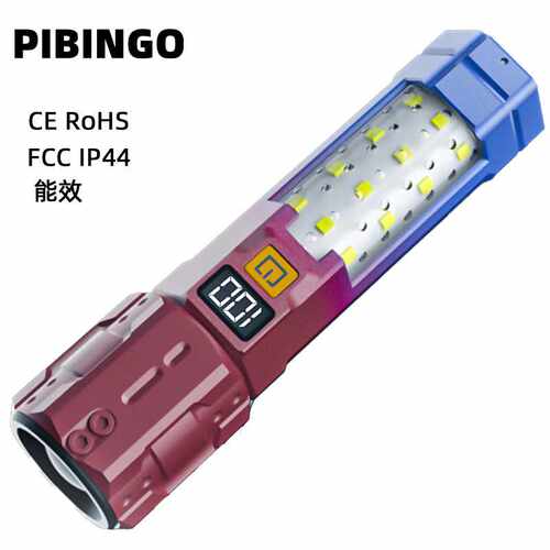 temu新款变焦强光多功能户外手电筒LED带侧灯数显挂钩6608款
