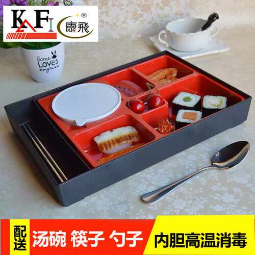 日式带盖商务便当套带筷子勺子分格长方形送餐密胺饭盒外卖打包盒