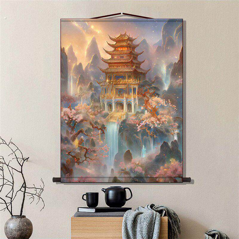 蓬莱仙境挂画新中式山水丝绸挂画仙家堂口客厅背景墙装饰卷轴画