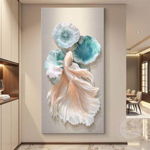 轻奢锦鲤入户玄关装饰画走廊过道挂画壁画简约现代高级感立体砂岩