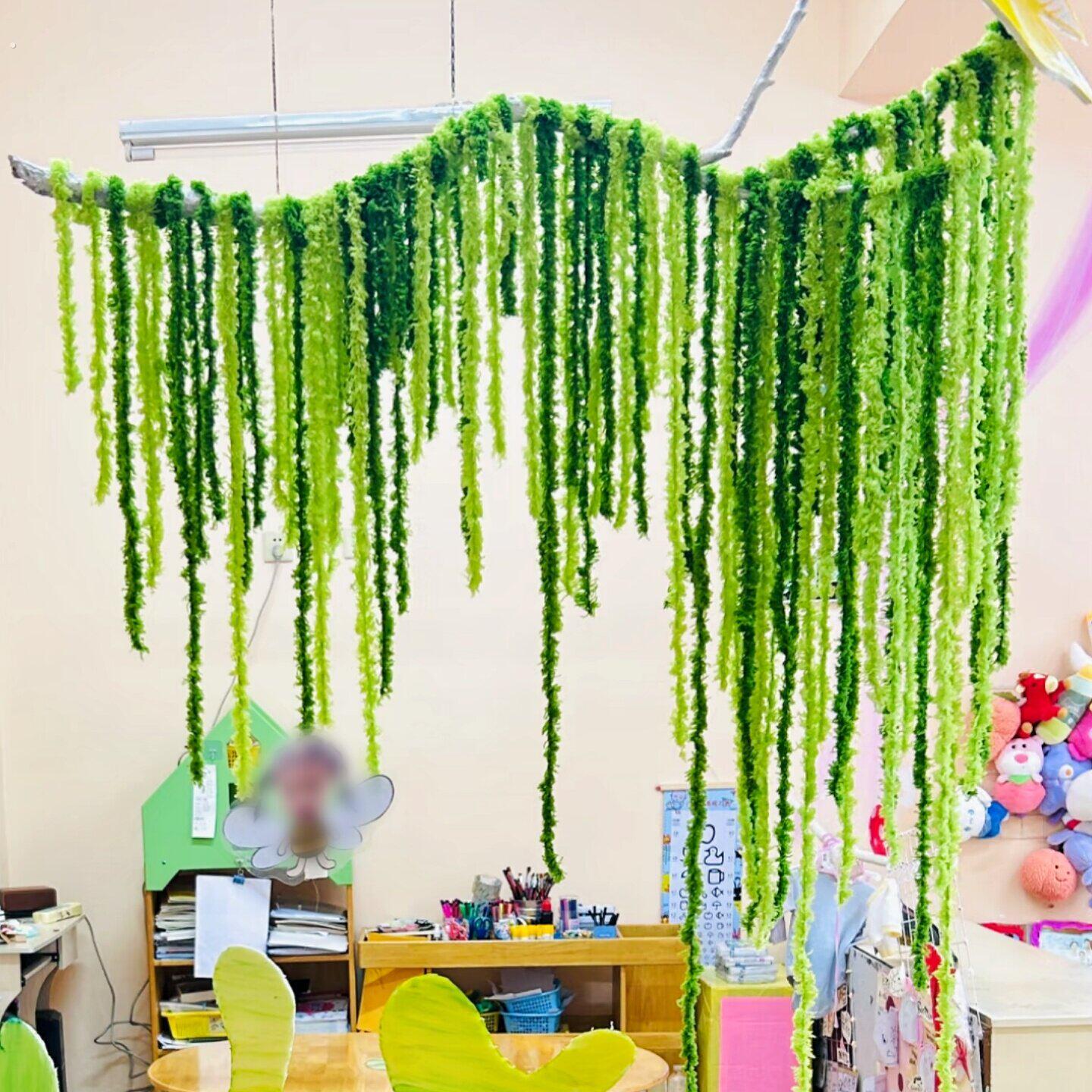 幼儿园自然角吊饰挂饰绿色系毛线编织区背景装饰春天环创场景布置