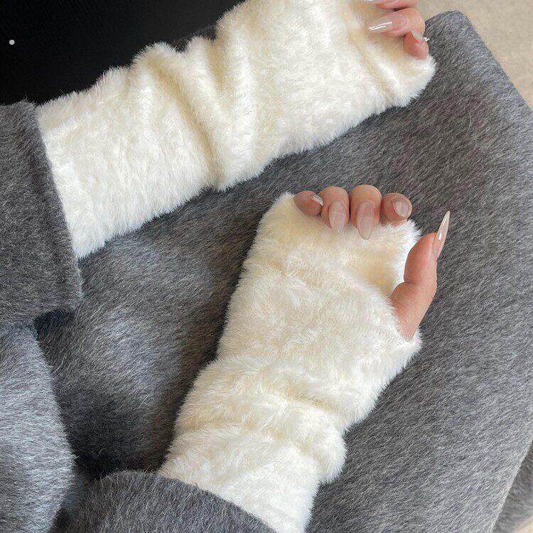 软糯毛绒半指手套女加绒保暖秋冬袖套可爱仿兔毛日系长袖漏指手套