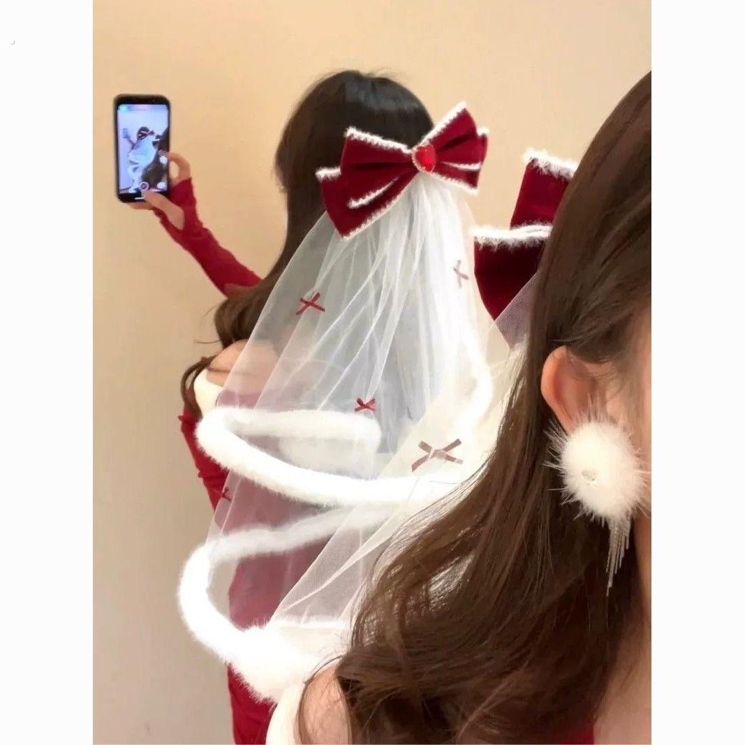圣诞装饰品雪国女儿 圣诞女神版头纱氛围感红色丝绒蝴蝶结白色网