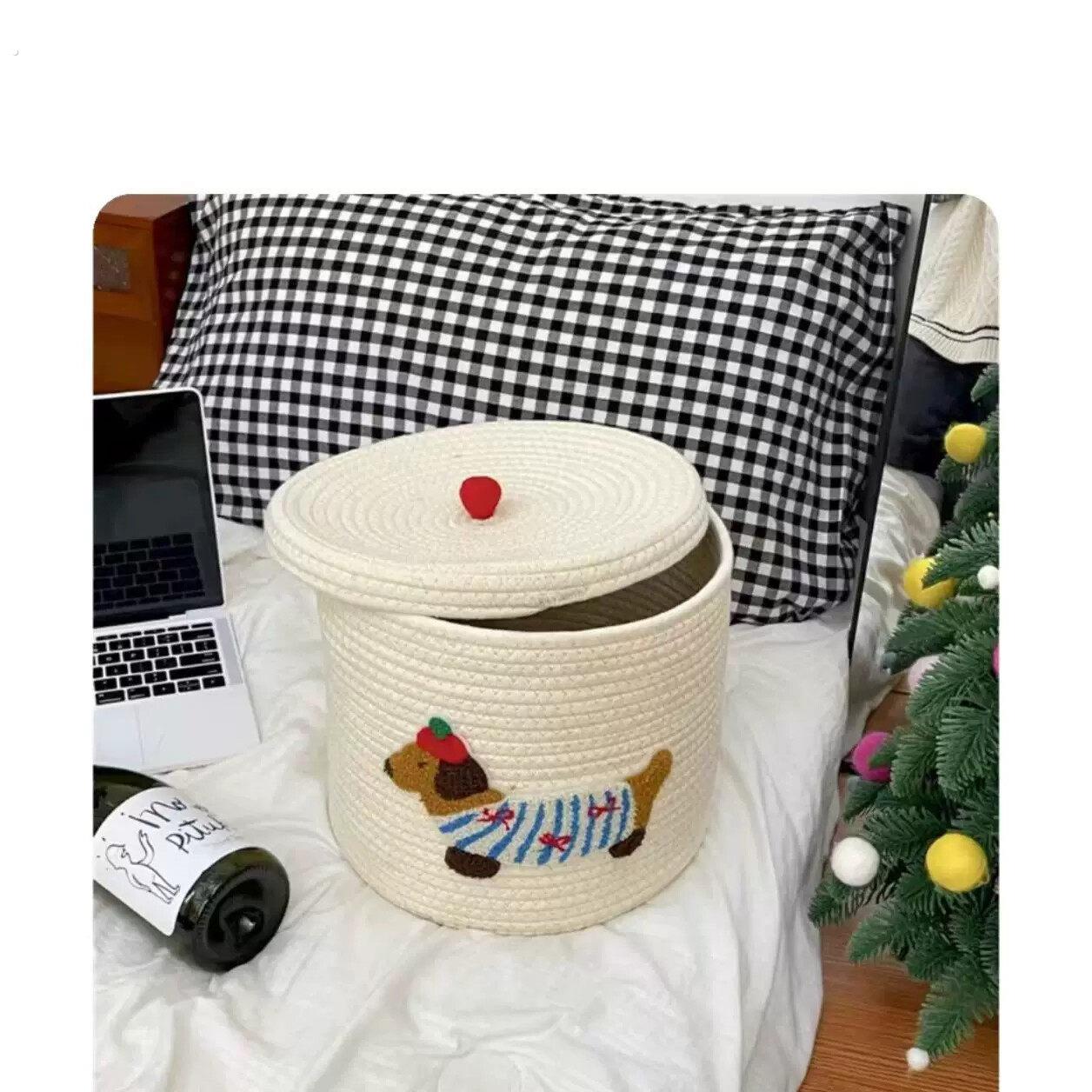 袜子收纳桶小狗收纳桶编织大容量娃娃袜子收纳收纳篮脏衣篓带盖有