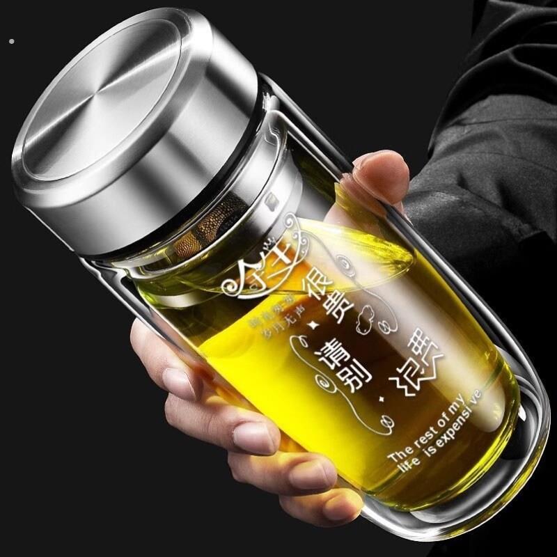 双层中空钢化玻璃杯摔不烂的保温水杯茶水分离男士2023防摔耐高温