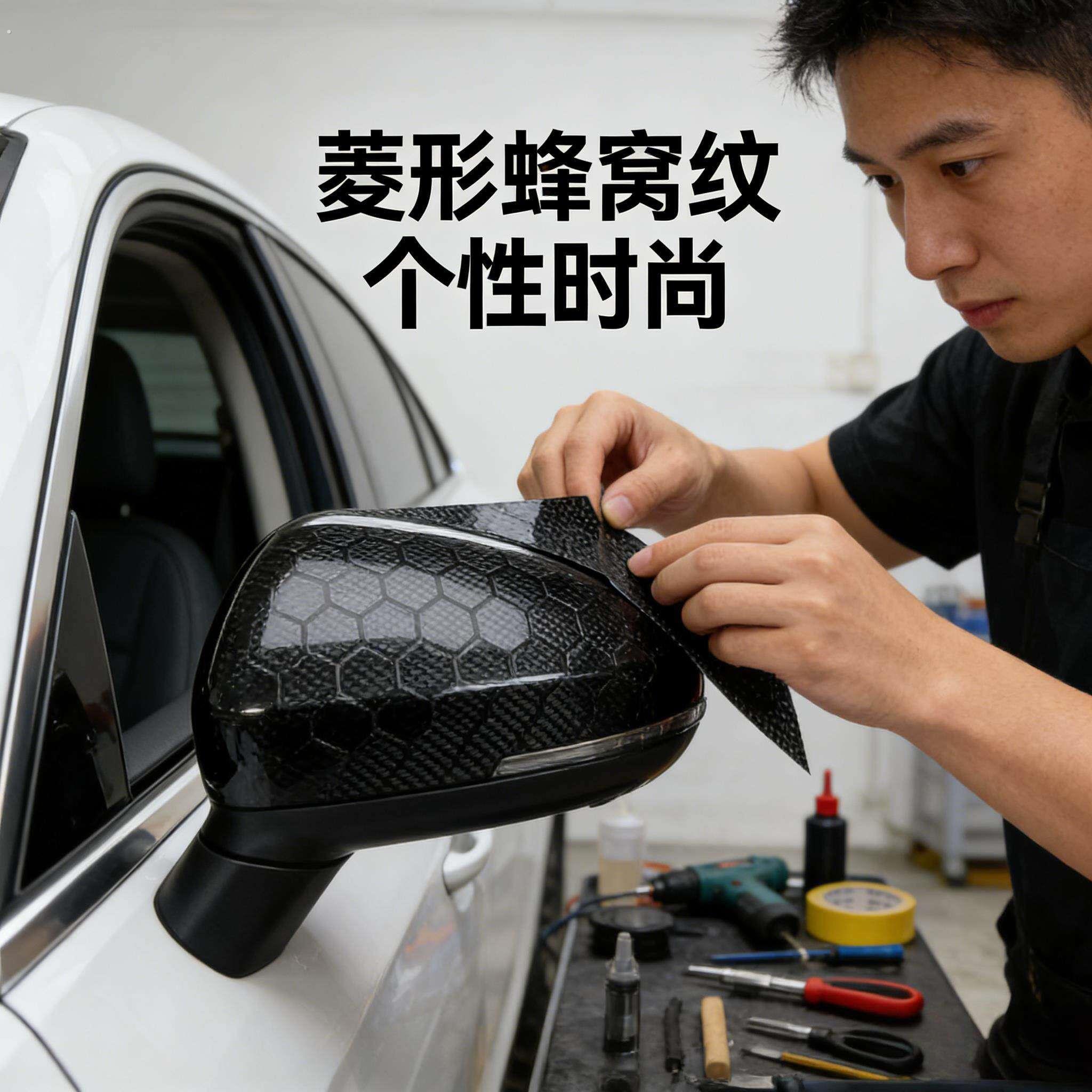 汽车改色膜自己贴汽车改色膜菱形蜂窝后视镜机车盖车顶尾翼内饰贴