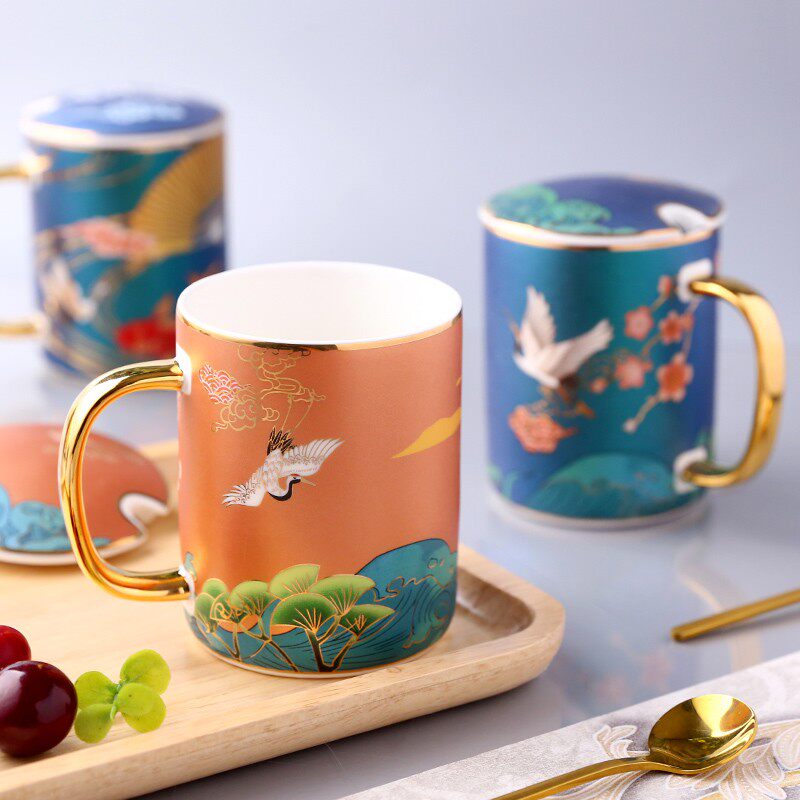 国潮DIY定制马克杯家用水杯创意情侣对杯办公室陶瓷杯茶杯带盖勺