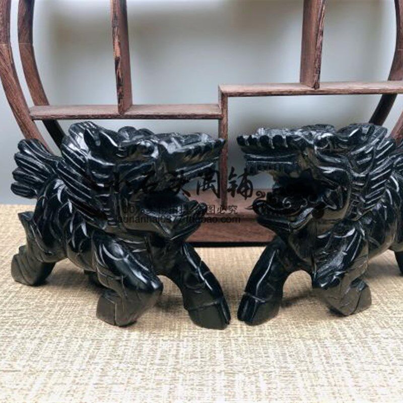 天然黑墨玉麒麟手工动物桌面摆件居家客厅办公室电视柜玄关工艺品