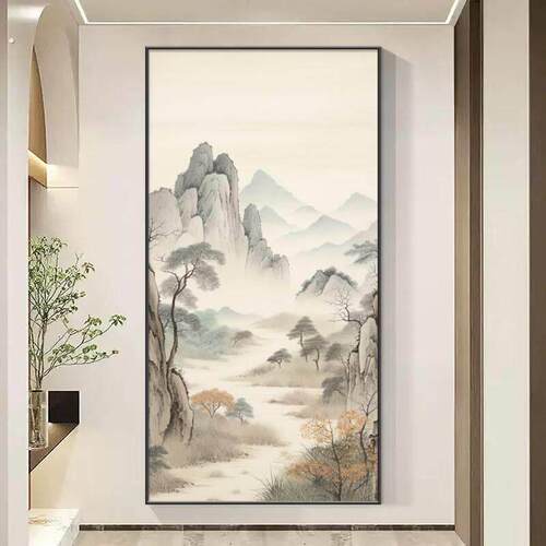 靠山挂画入户客厅玄关装饰画中式高端大气竖版山水画过道走廊画
