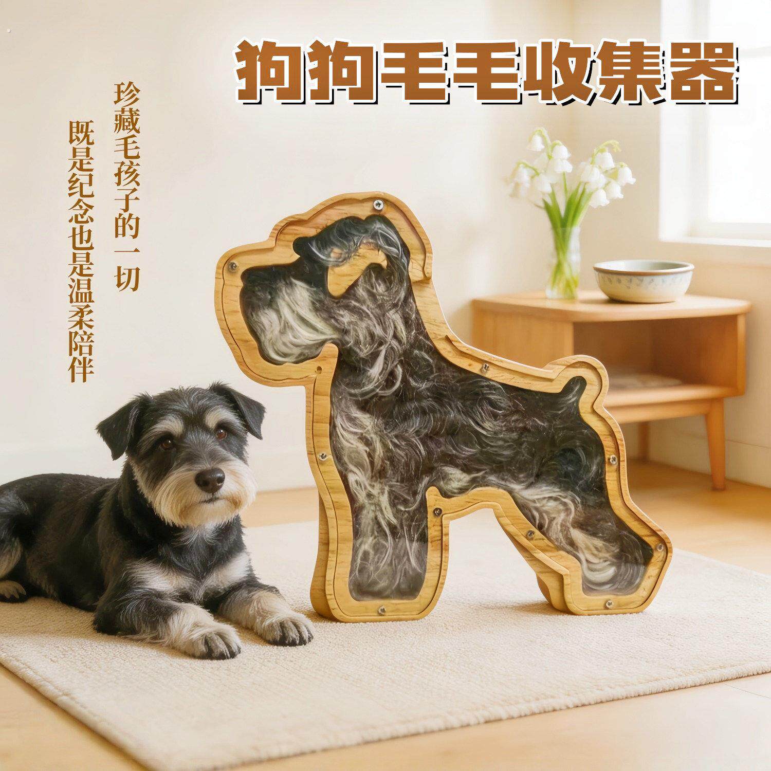 雪纳瑞泰迪宠物毛发收纳盒纪念收藏保存狗狗收纳工具桌面木质摆件