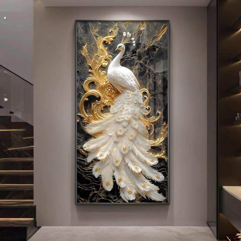 孔雀高级玄关装饰画轻奢过道走廊尽头吉祥挂图高级客厅入户壁画