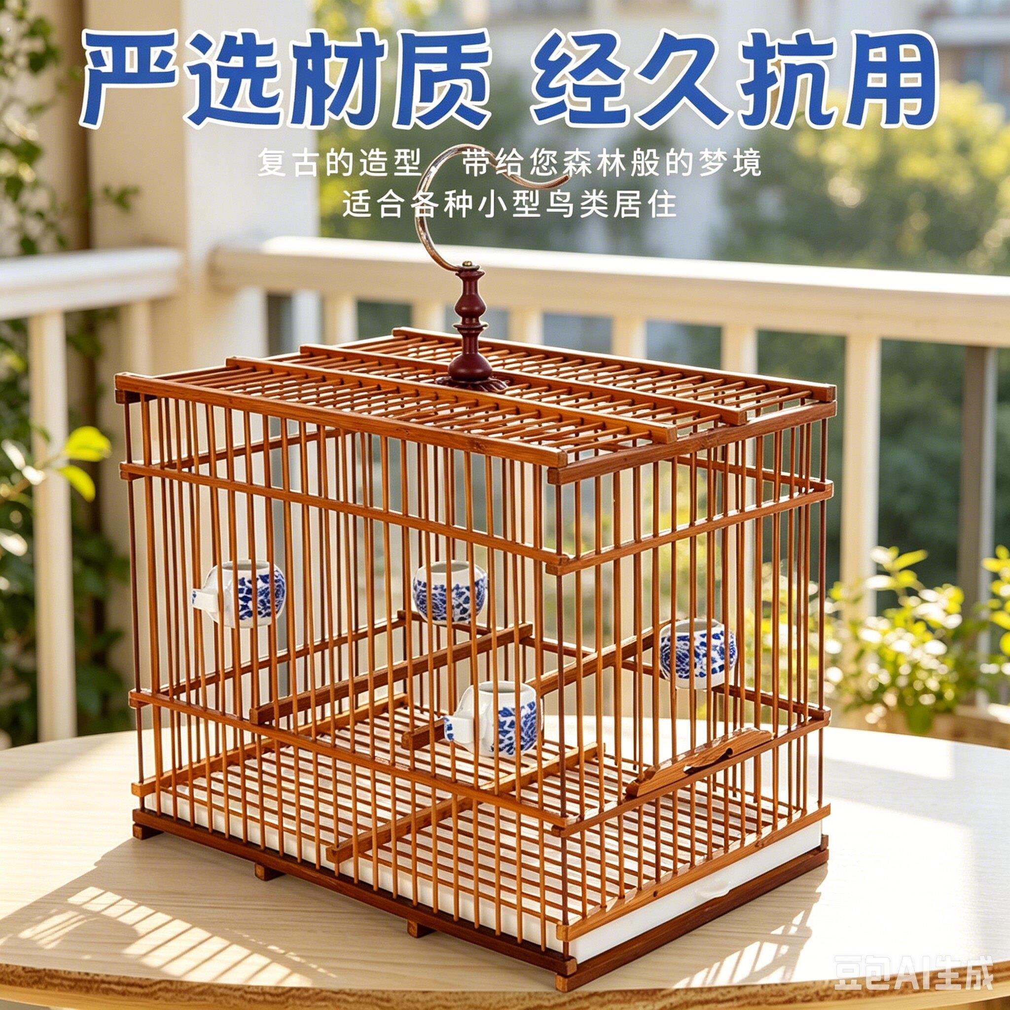 经久抗用复古竹制鸟笼平顶单层小型鸟类专用笼子家用室内外通用笼